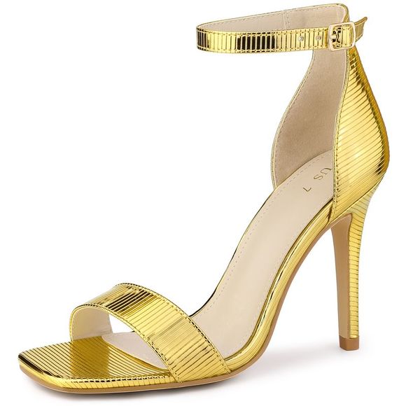 Women's Square Open Toe Metallic Buckle Ankle Strap Stiletto Heel Sandals Gold - Picture 1 of 5